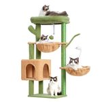 Heybly Cat Tree, 39.4 Inches Cactus Tower Condo with Scratching Post, Cat Tower for Indoor Cats, Fully Wrapped Sisal Pole, Soft Platform, 2 Baskets and Dangling Toy, Green and Yellow HCT006SGY