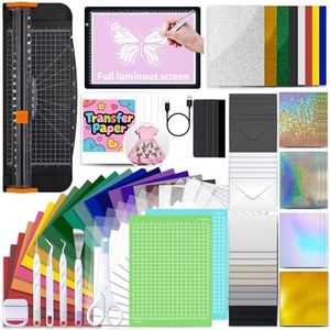 The All-in-One Accessories and Supplies Bundle for Cricut Joy Xtra-103Pcs Starter Kit with Weeding Tools, HTVs, Permanent Vinyl, Transfer Paper, LED Light Pad, Paper Cutter for Crafting Projects