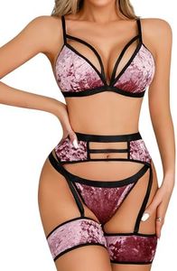 popiv Women Sexy Lingerie Strappy Lace Garter Lingerie Sets High Waisted Sheer Mesh Lingerie, Velvetpink, Medium