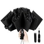 Compact Travel Umbrella Windproof Strong- Automatic Inverted Folding Umbrellas for Wind and Rain, 210T Teflon Coating 105cm Span - 10 Ribs Black Portable Umbrella for Men and Women