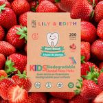 LILY & EDITH Kids Biodegradable Dental Floss Picks 200 Counts, Fluoride Free, Chemical Free, Plant Based Compostable, Fun Animal Flossing Sticks, Ultra Sturdy Thread, Zero Waste Package (Strawberry)