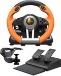 PXN V3 Pro Gaming Steering Wheel with Pedals - 180° Wheel, Vibration Feedback, Integrated-Shifter, Paddle Shifters - Steering Wheel for PC, PS3, PS4, Xbox and Switch - Orange