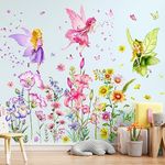 Amaonm Large Removable 3D Fairies Elves With Flowers Wall Stickers DIY Peel and Stick Floral Butterfly Wall Decal lily Lavender Sunflower Wall Decor for Princess Little Girls Bedroom Living Playroom Room Background Decoration (Pink)