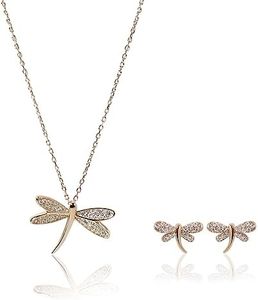 Dragonfly Necklace Sterling Silver Dragonfly Charm Pendant Necklace Dainty Dragonfly Jewelry Bug Necklace Cubic Zirconia, Rose Gold Set