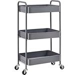 KINGRACK 3-Tier Rolling Cart, Metal Storage Trolley with Lockable Wheels,Mobile Storage Cart Rack Shelves for Office,Bathroom, Classroom,Kitchen Serving Trolley Utility Cart No Screws Assemble Grey