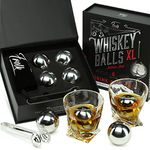 FROLK Whiskey Stones Gift Set for Men & Women -2 XL Stainless Steel Whisky Ice Balls, 2 Slate Stone Coasters, Special Tongs & Freezer Pouch in Luxury Gift Box. Best Man Gift for Whiskey Lovers!