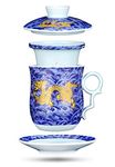 One Set Chinese Dragon Pattern Tea-Mug with Strainer Infuser and Lid and Saucer Ceramic Tea Mug Convenient System Chinese Porcelain Personal Tea Cup,13.5oz(400ml)/4 Colors - Blue