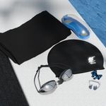 Lifelong Swimming Combo Kit for Men - Swim Cap, Swimming Goggles with Earplug Attached, Nose Clip & Microfibre Towel - Easy Fit Swimming Accessories - Waterproof Swimming Cap - Anti-Fog Swim Glasses