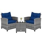 KOTEK 3 Piece Patio Furniture Set, Outdoor PE Rattan Conversation Set with Washable Cushions & Tempered Glass Tabletop, Wicker Chairs and Table Set for Porch, Garden, Balcony (Mix Grey- Navy Cushion)