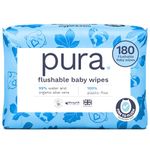 Pura Flushable Baby Water Wipes 3 x 60 per pack, (180 Wet Wipes) 100% Plastic Free, 99% Water, Suitable for Sensitive & Eczema Prone Skin, Biodegradable, Compostable, Vegan, Potty Training