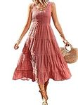 Beaufident Women's Summer Dresses Sleevelesss Smocked Sundress Boho Tank Dress Ruffle Swing A Line Beach Midi Dress with Pockets,Orange,Small