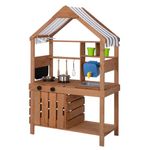 OOOK Mud Kitchen for Kids Outdoor, Kids Kitchen Playset with Canopy, Gardening Tools, Chalkboard, Flower Pot, Cookingware, Removable Water Tank, for Boys and Girls 3+, Solid Fir Wood