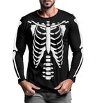 URBAN BUCK Men Halloween Skeleton Shirt Casual Rib Cage Graphic Long Sleeve Black Costume Tshirt (XL)