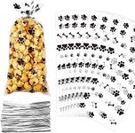 100 Pieces Paw Print Dog Treat Bags, Dog Print Cellophane Treat Bags, Dog Paw Print Gift Bags, Heat Sealable Candy Bags with 100 Silver Twist Ties for Pet Birthday Party Favor Supplies, Black