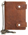 FLW Large genuine leather biker's wallet with two buckles with a bull and chain