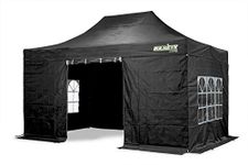 Bulhawk® 3M x 4.5M PREMIUM 32 COMMERCIAL GRADE, WATERPROOF, HEAVY DUTY POP UP GAZEBO MARKET STALL MARQUEE, INCLUDES 4 X 100% WATERPROOF SIDEWALLS AND CARRY BAG (3m x 4.5m Black including side panels)