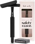 Kitsch Double Edge Safety Razor for Women & Men, with 5 Safety Razor Blades Refills, Extra-Long Hande & Silicone Cap, One Blade Razor for Shaving, Reusable Travel Essentials Single Blade Razor, Black