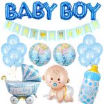 Baby Shower Decorations for Boys - 28 Pieces Blue Gender Reveal Decoration, Baby Boy Foil Balloon, Baby Shower Banner, Blue Milk Bottle Baby Carriage Balloons for Boys' Baby Shower Gender Reveal