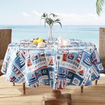 Newbridge Nautical Mile Patchwork Print Vinyl Flannel Backed Tablecloth - Sailboat, Lighthouse and Anchors Motif Waterproof Patio, BBQ, Kitchen Tablecloth Tablecloth, 70 Inch Round