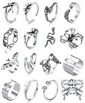 Kakonia 16 Pcs Sliver Goth Punk Rings for Men Cool Open Gothic Ring Snake Spide Bat Butterfly Vintage Stackable Animal Rings Bulk Knuckle Emo Y2k Rings Set