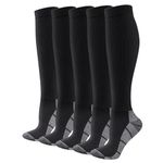 YUEDGE Compression Socks For Men Long Running Cycling Softball Baseball Athletic Sports Socks Black Flight Socks For Men Size 9-12, 5 Pairs