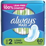 Always, Maxi Pads For Women, Size 2, Long Super Absorbency With Wings, 60 Count