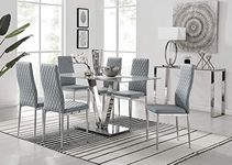 Furniturebox UK Florini V Modern Grey Glass and Chrome Metal Stylish Dining Table and 6 Stylish Milan Dining Chairs Set (Dining Table + 6 Grey Milan Chairs)