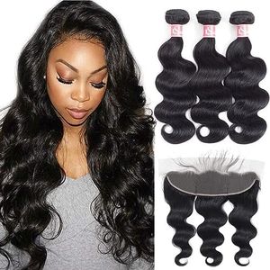 Human Hair Bundles with Frontal (16” 18” 20”+14”) Brazilian Virgin Body Wave 13x4 Frontal with Bundles 10A Grade Human Hair Weave and Ear To Ear Lace Frontal Natural Black Color