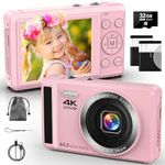 Digital Camera 4K 64MP Digital Camera with 32G SD Card Autofocus Vlogging Camera with Two 1200 mAh Batteries for Photography 16X Digital Zoom Mini Compact Camera for Kids Teenagers Beginners Adults