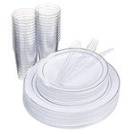 MATANA 150 Pcs Reusable White & Silver Plastic Dinnerware Set for 25 Guests - Dinner Plates, Dessert Plates, 10oz Silver Glitter Cups & Cutlery for Weddings, Birthdays, Christmas & Parties