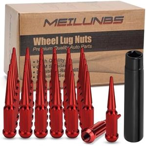 MEILUNBS 32PCS M14x1.5 Spike Lug Nuts, 4.4" Tall Acorn Style with Socket Key – Compatible with Chevy Silverado, Ford F-Series, GMC, Red