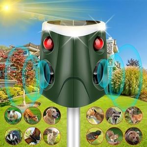 360° Solar Ultrasonic Animal Repellent, Cat Repellent Outdoor, 2024 Deer Deterrent Device with Motion Sensor& 3-Side Motion Flashing Light, Repel Dogs Bird Skunk Rabbit Squirrels for Yard Garden