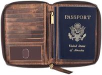 Passport Wallet - Travel Document Holder w/RFID Blocking – Full Grain Leather – Bifold compact zip around Wallet with Credit Card Slots for Women and Men,distressed brown,500-30