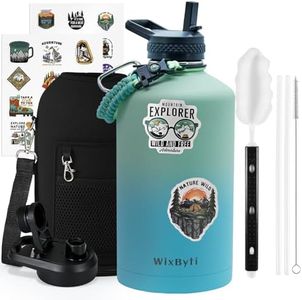 WixByti One Gallon Water Bottle Insulated, Triple Wall Vacuum Cold for 48 Hrs & Leak-proof & Non-BPA, 128oz Large Sports Stainless Steel Water Jug with Paracord Handle Straw Spout Lids & DIY Stickers