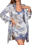 WDIRARA Women's Sexy Lace Cami Sleepwear Slip Satin Nightgown with Robes Set 2 Piece Spaghetti Strap Nightwear Blue Medium