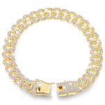 Gold Dog Chain Collar Diamond Cuban Link Dog Collar, 16mm Wide Dog Necklace Metal Cat Chain Pet Crystal Collar Jewelry Accessories with Design Secure Buckle for Small Medium Large Dogs Cats(8inch)