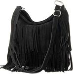 Womens Italian Real Suede Leather Fringe Tassel Shoulder Handbag Cross Body Messenger Side Bag For Ladies (Black)