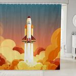 Feelyou Cartoon Space Rocket Bath Curtain Rocket Launch Shower Curtain Bathroom Fabric Shower Curtain Set for Kids Aerospace Stalls Bathtubs Decor Sunset Waterproof Curtains Yellow 72"x78"