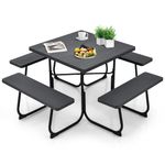 TANGZON 8 Seater Picnic Table and Bench, Round/Square Camping Table with Built-in Benches & 48mm Umbrella Hole, Outdoor Dining Table and Benches Set for Garden Patio Yard Pub (Square, Black)