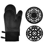 Domonic Home Oven Mitts and Pot Holders Sets, Silicone Oven Mitts Heat Resistant 600F, Soft Lining Good Grip Oven Mitts Sets, Oven Gloves and Silicone Trivet 4-Piece Set, Black