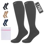 360 RELIEF 1 Pair Flight Compression Socks for Women & Men, Supports Blood Circulation, Travel, Edema, Diabetic, Varicose Veins, Pregnancy, Nurses, LXL, Grey + Laundry Bag