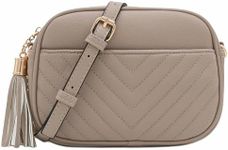 FashionPuzzle Chevron Quilted Crossbody Camera Bag with Chain Strap and Tassel, Travertine, One Size