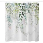 Bezavea 180 x 200cm Polyester Shower Curtains Mould Mildew Resistant, Bathroom Curtain Washable with 12 Hooks, Quick Drying Bathtub Curtain Printed with Plants Leaves