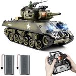 Supdex 1/18 RC Tank, 2.4Ghz US M4A3 Sherman Remote Control Model Army Toys, 15 Channel RC Vehicle with Smoke, Light, Sound, and Recoil, Military Tank for Kid and Adult That Shoots BBS and Water Bombs