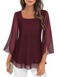 Tops for Women Work Casual, 3/4 Sleeve Tunic Tops to Wear with Leggings Square Neck Semi Formal Wedding Guest Dress Shirts Daily Casual Versatile Solid Fall Outfits Wine Red 2XL