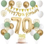 70th Birthday Decorations for Men Women, Sage Green White Gold Birthday Balloons with Happy 70th Birthday Banner 70th Birthday Cake Decoration Number 70 Balloon for 70 Year Old Birthday Party Decor