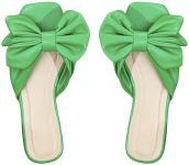 GORGLITTER Women's Bow Flat Sandals Dressy Square Open Toe Sandals Comfortable Slip On Slide Sandals Green Size 8