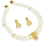 SURATDIAMOND JEWELLERY Enchanted Elegance Bow Shaped Gold-Plated Pendant with 3-Line Freshwater Pearl Necklace & Earring Set - A Symphony of Sophistication
