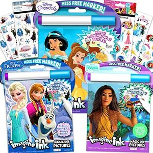 Classic Princess Magic Ink Coloring Super Set - 3 Books Featuring Disney Princesses, Frozen, and "Raya The Last Dragon" with Invisible Pens, Stickers