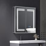 LUMIRRORS® Bathroom Mirror Cabinet 63x65cm with LED Illuminated Shaver Socket 2-door Demister Touch Switch Wall Mounted Cabinets Adjustable Shelves Mirror with Storage Cupboard Made of Aluminium